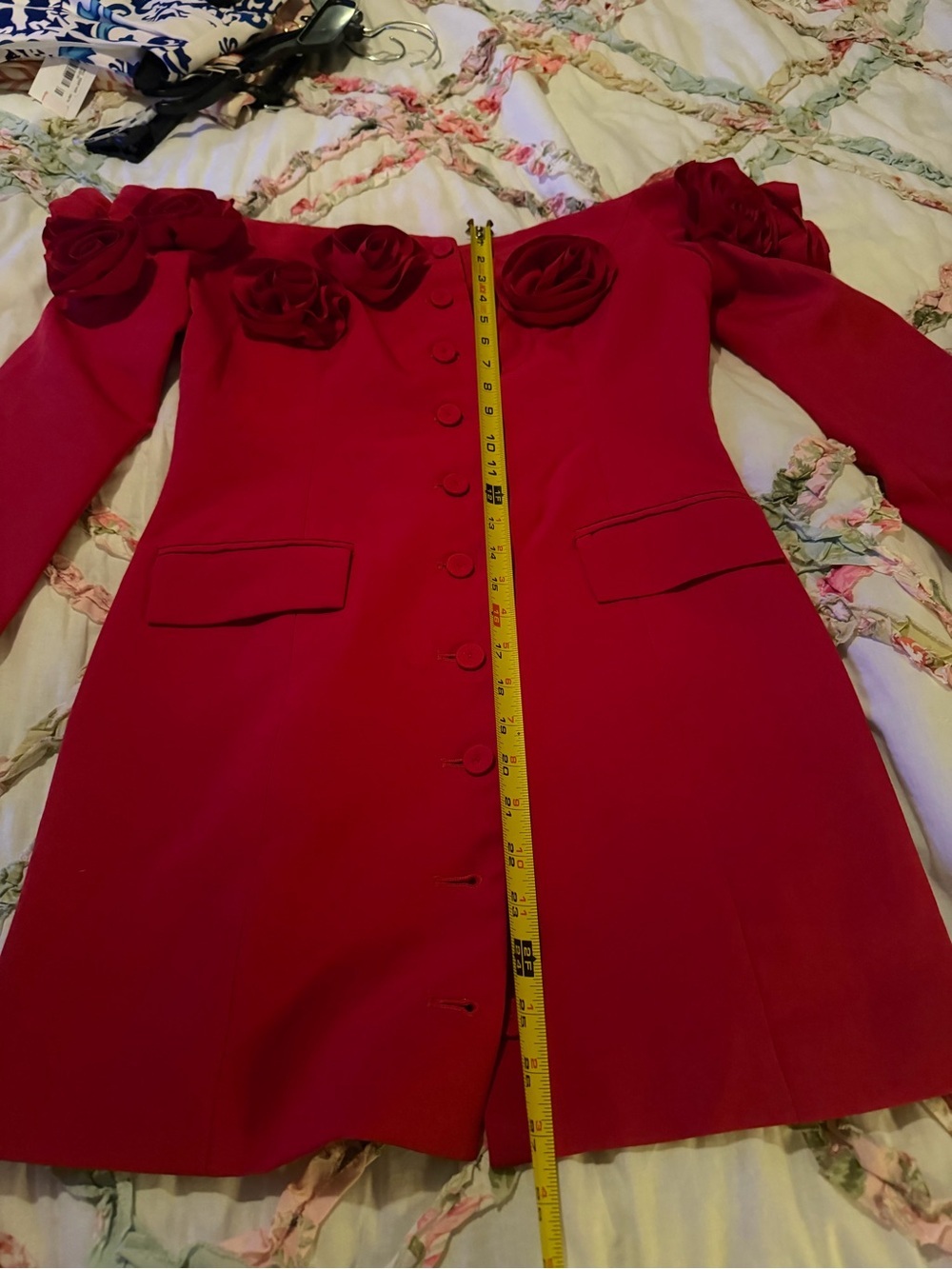 Lucy Paris Red Off-Shoulder Long Sleeve Dress with Floral Appliqué - Picture 3 of 8